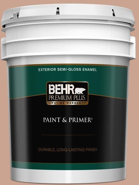 BEHR PREMIUM PLUS 5 gal. #220F-4 Sombrero Tan Semi-Gloss Enamel Exterior Paint & Primer