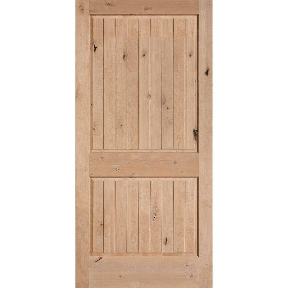Masonite 40 in. x 84 in. Knotty Alder Veneer 2-Panel Plank V-Groove Solid Wood Interior Barn Door Slab