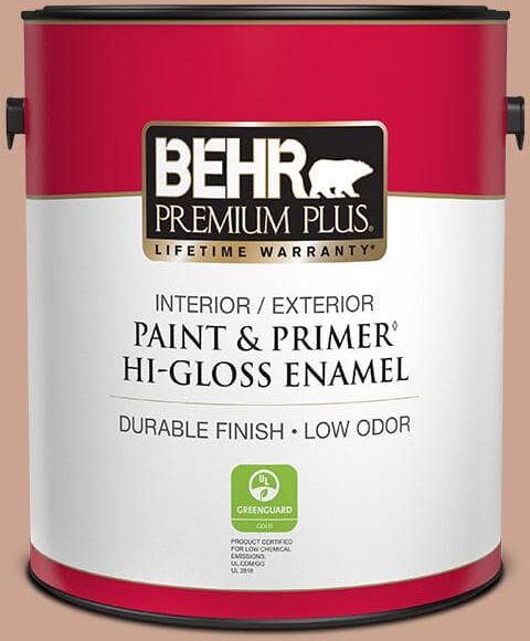 BEHR PREMIUM PLUS 1 gal. #220F-4 Sombrero Tan Hi-Gloss Enamel Interior Exterior Paint Primer