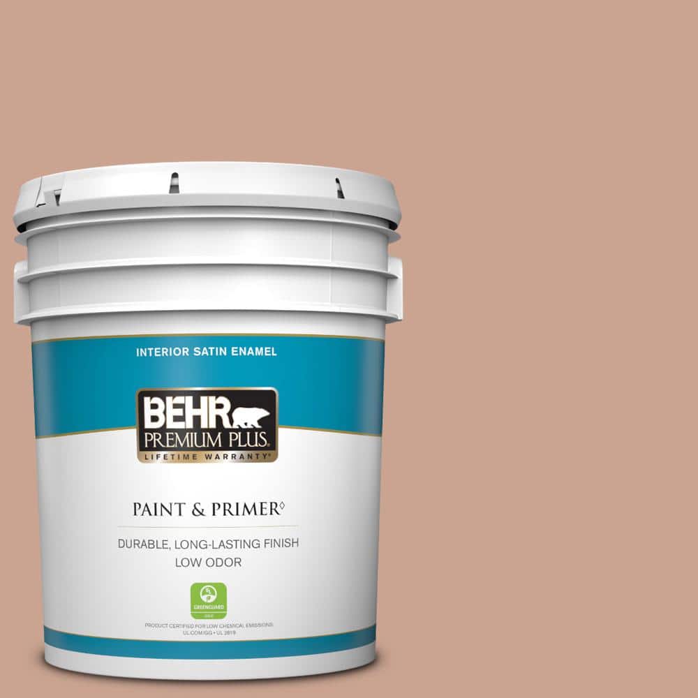 BEHR PREMIUM PLUS 5 gal. #220F-4 Sombrero Tan Satin Enamel Low Odor Interior Paint & Primer