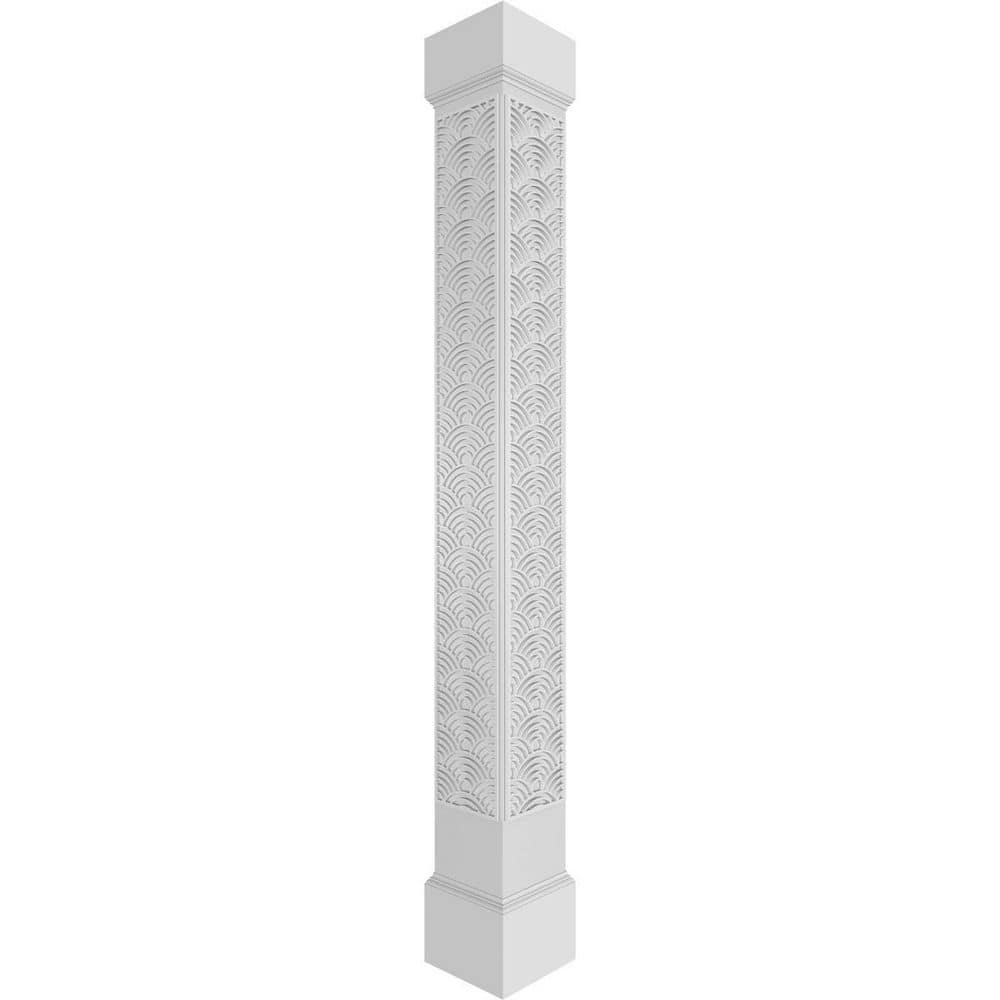 Ekena Millwork 7-5/8 in. x 8 ft. Premium Square Non-Tapered Art Deco Fretwork PVC Column Wrap Kit with Mission Capital and Base