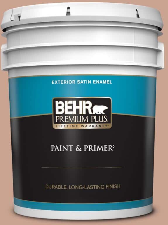 BEHR PREMIUM PLUS 5 gal. #220F-4 Sombrero Tan Satin Enamel Exterior Paint & Primer