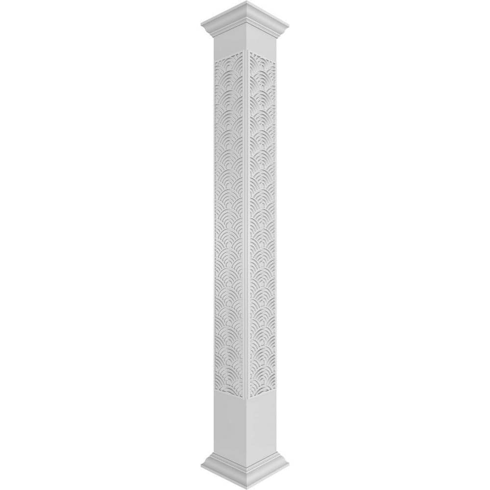 Ekena Millwork 7-5/8 in. x 9 ft. Premium Square Non-Tapered Art Deco Fretwork PVC Column Wrap Kit w/Crown Capital and Base