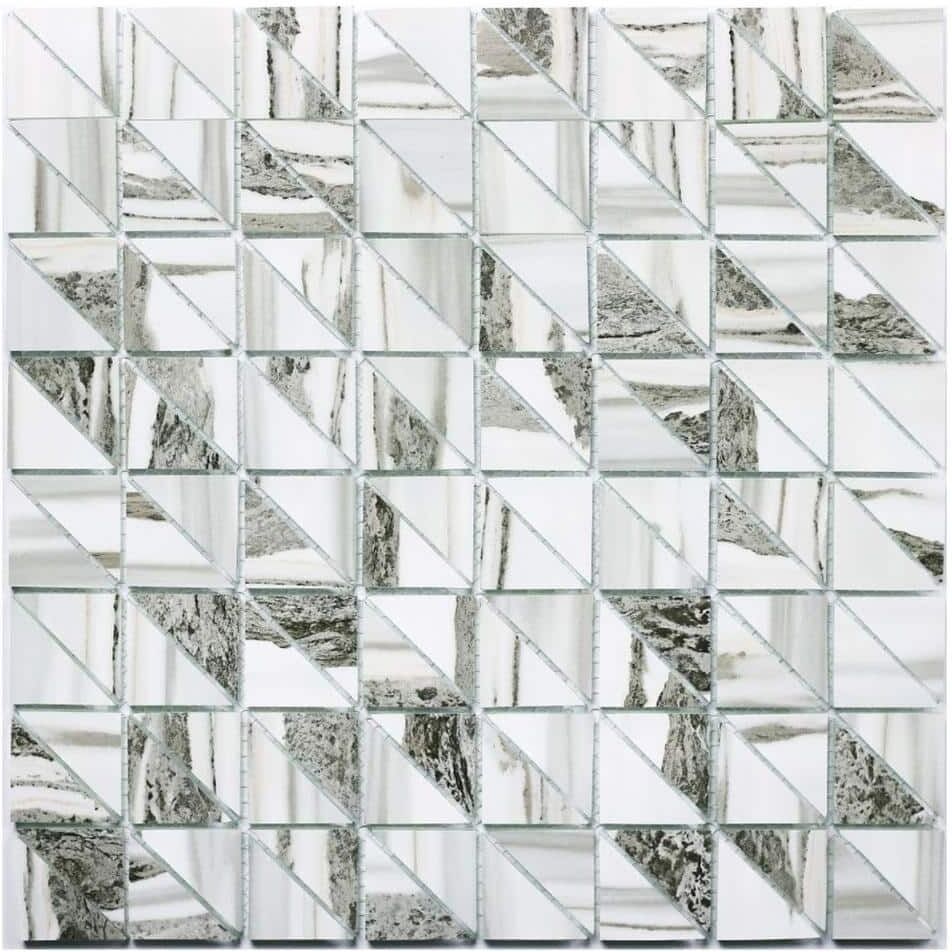 ABOLOS Art Deco White & Gray 12.48 in. x 12.48 in. Triangle Square Mosaic Glass Backsplash Wall Tile (10 Sq. Ft./Case)