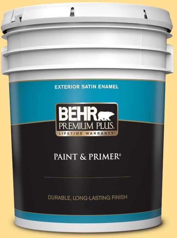 BEHR PREMIUM PLUS 5 gal. #350B-5 Straw Hat Satin Enamel Exterior Paint & Primer