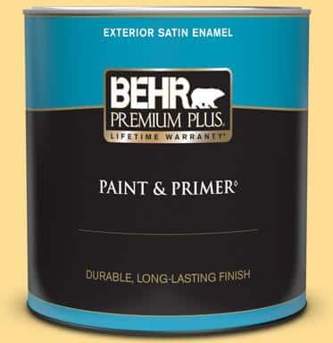 BEHR PREMIUM PLUS 1 qt. #350B-5 Straw Hat Satin Enamel Exterior Paint & Primer