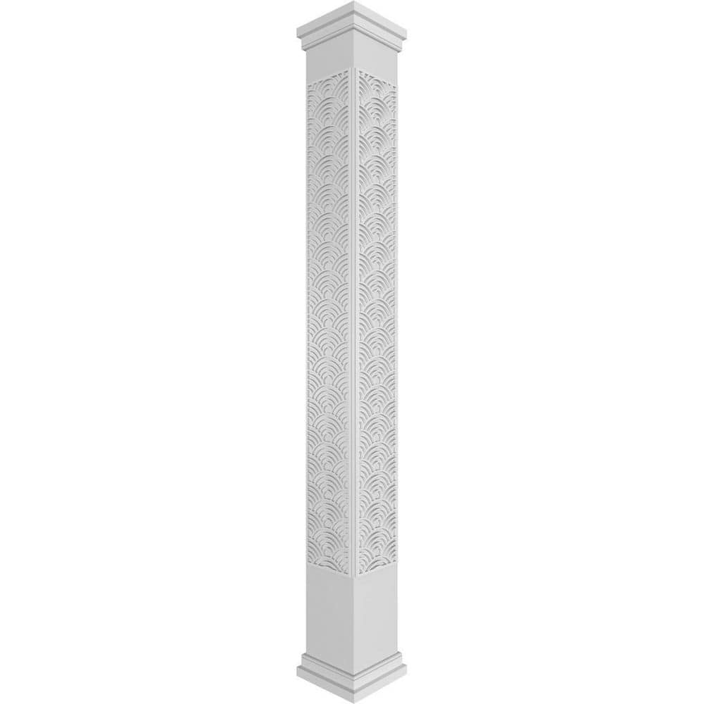 Ekena Millwork 7-5/8 in. x 9 ft. Premium Square Non-Tapered Art Deco Fretwork PVC Column Wrap Kit w/Prairie Capital and Base