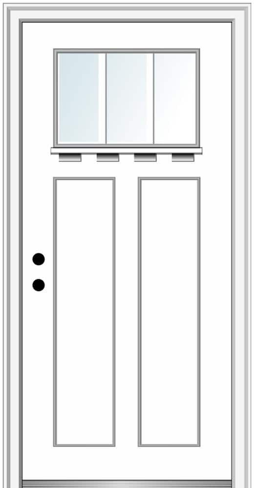 MMI Door 32 in.x80 in. Low-E Glass Right-Hand Craftsman 2-Panel 3-Lite Clear Painted Fiberglass Smooth Prehung FrontDoor w/ Shelf