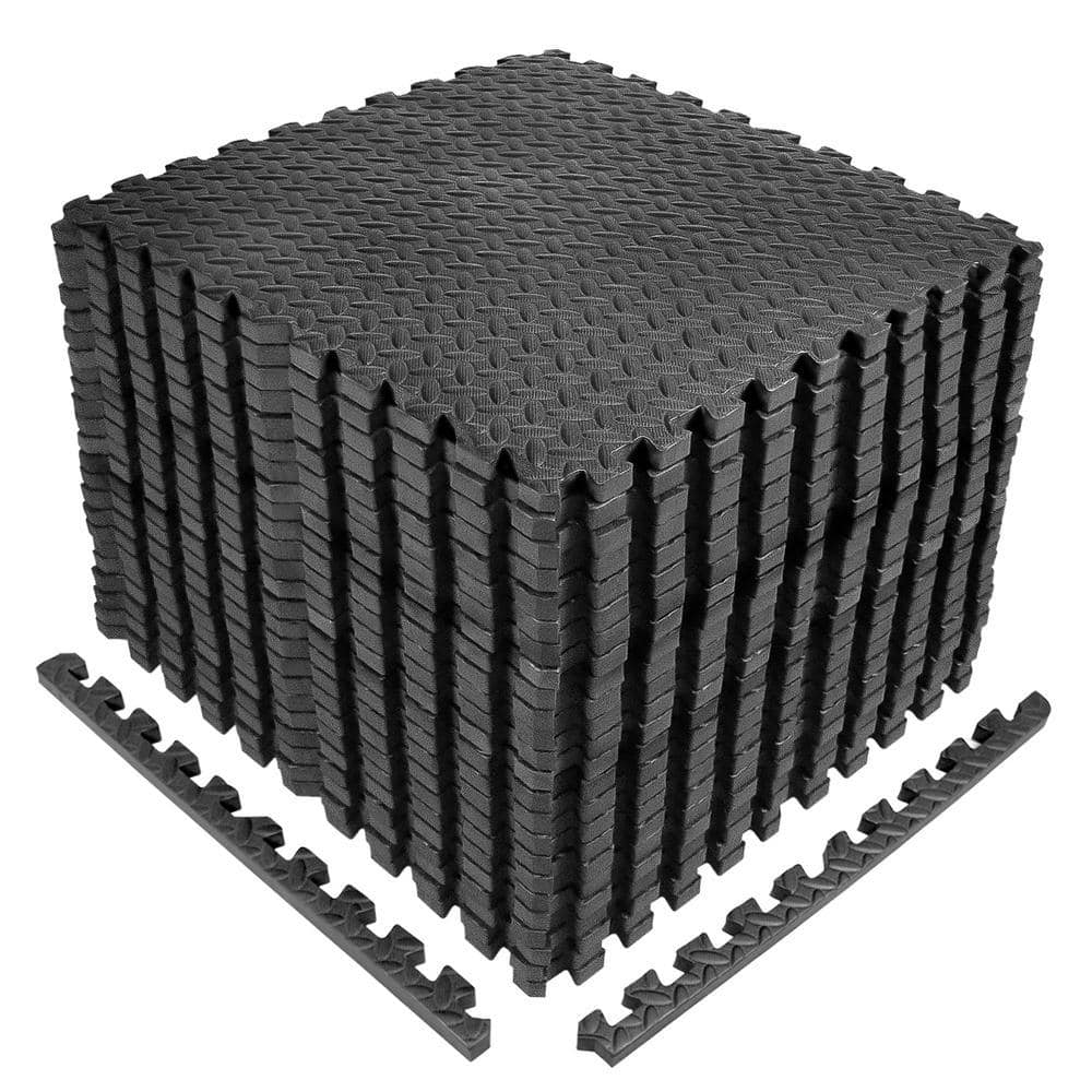 CAP Puzzle Exercise Mat Black 24 in. x 24 in. x 0.5 in. EVA Foam Interlocking Tiles with Border (96 sq. ft.)