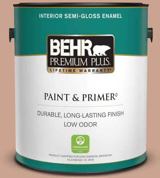 BEHR PREMIUM PLUS 1 gal. #220F-4 Sombrero Tan Semi-Gloss Enamel Low Odor Interior Paint & Primer