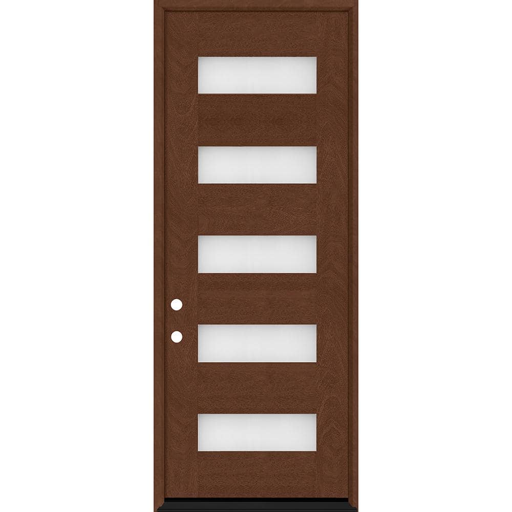 Steves & Sons Regency 36 in. x 96 in. 5L Modern Frosted Glass RHIS Chestnut Stained Fiberglass Prehung Front Door