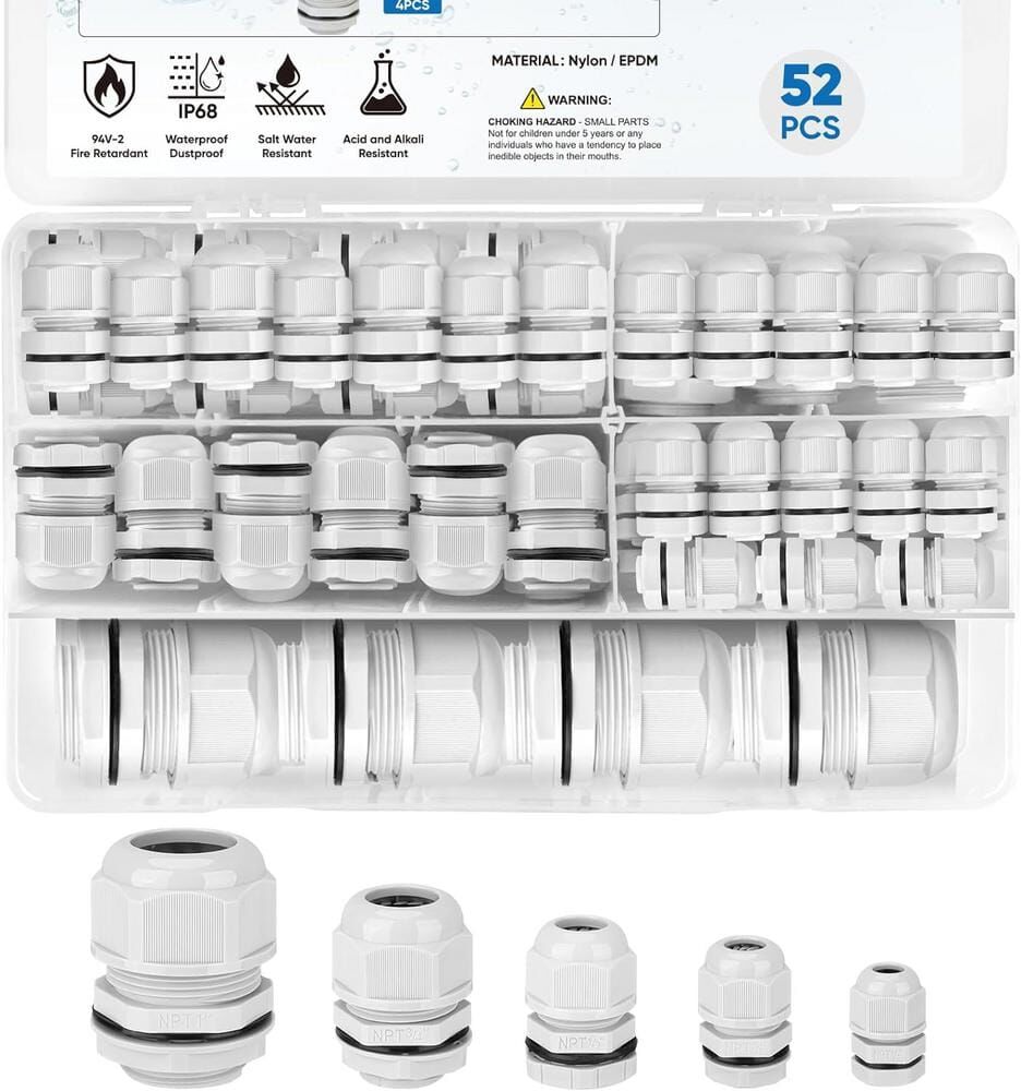 Etokfoks Waterproof Cable Gland Kit Nylon NPT Adjustable Cable Connectors Assortment 1/4, 3/8, 1/2, 3/4, 1 in. 52 Pcs. in Grey