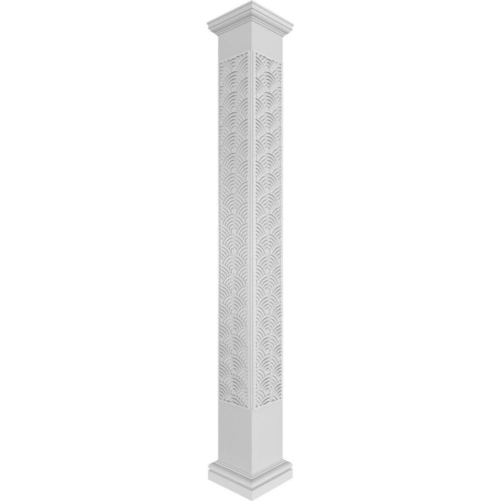 Ekena Millwork 7-5/8 in. x 9 ft. Premium Square Non-Tapered Art Deco Fretwork PVC Column Wrap Kit w/Tuscan Capital and Base