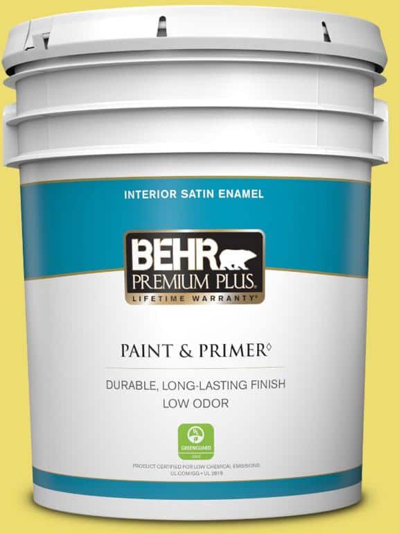 BEHR PREMIUM PLUS 5 Gal. #T15-15 Plastic Lime Satin Enamel Low Odor Interior Paint & Primer