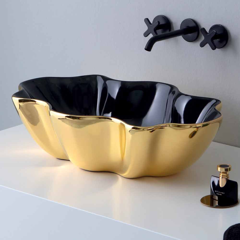 Viadurini Bathroom Lavabo à poser en céramique dorée et noire made in Italy Cubo