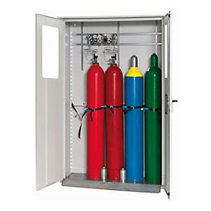 Druckgasflaschenschrank G-OD Standard, Doppelflügeltür, klappbarer Glasausschnitt, 5x 50 l Flaschen, B 1356 x T 400 x H 2149 mm