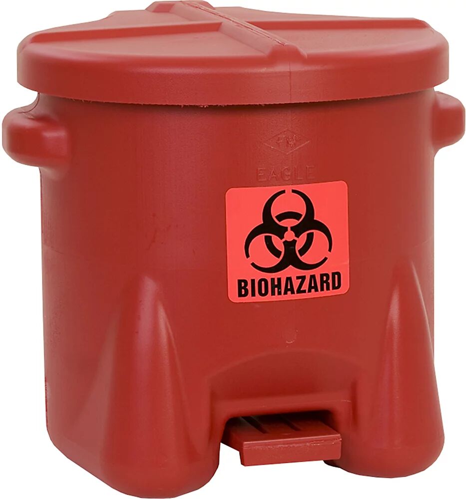 Justrite PE-Sicherheits-Entsorgungsbehälter für biogefährliche Abfälle BIOHAZARD-Aufkleber, Inhalt 38 l, mit Pedal rot, ab 3 Stk