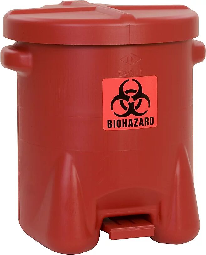 Justrite PE-Sicherheits-Entsorgungsbehälter für biogefährliche Abfälle BIOHAZARD-Aufkleber, Inhalt 53 l, mit Pedal rot, ab 5 Stk