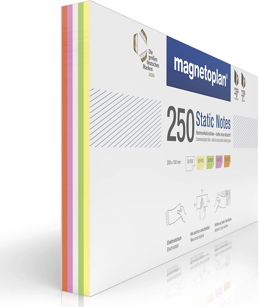 magnetoplan Static Notes Haftnotizen VE 250 Stk, farbig sortiert HxB 200 x 100 mm