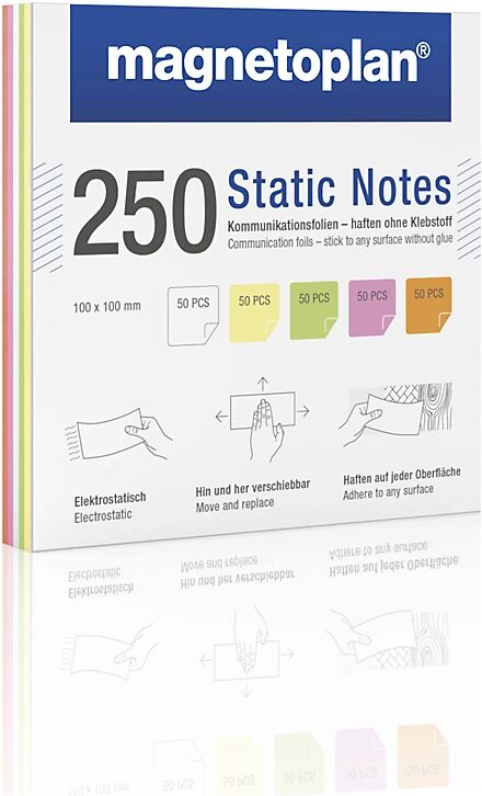 magnetoplan Static Notes Haftnotizen VE 250 Stk, farbig sortiert HxB 100 x 100 mm