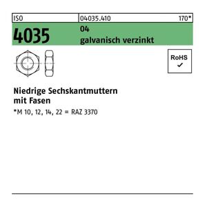 Sechskantmutter ISO 4035 niedrig m.Fasen M 20 Automatenstahl galvanisch verzinkt