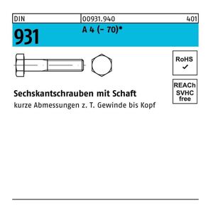 Sechskantschraube DIN 931 m.Schaft M 20 x 210 A 4 (- 70)