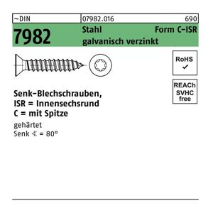 Senkblechschraube DIN 7982 m.Innensechsrund/Spitze 2,9 x 19 -C-T10 Stahl galvanisch verzinkt