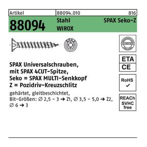 SPAX Schraube r 88094 Senkkopf m.Spitze/Kreuzschl.-PZ 4 x 50/45-Z Stahl galvanisch verzinkt wirox