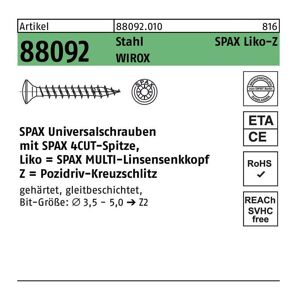 Spax - Schraube r 88092 Linsenkopf/Kreuzschlitz-PZ 4 x 30/25-Z Stahl wirox