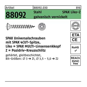 SPAX Schraube R 88092 Linsenkopf/Kreuzschlitz-PZ 4 x 30/25-Z Stahl galvanisch vernickelt