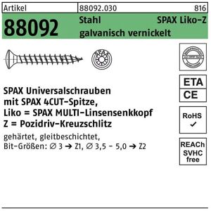 Spax - Schraube r 88092 Linsenkopf/Kreuzschlitz-PZ 4 x 25/20-Z Stahl galvanisch vernickelt