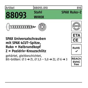 Halbrundkopf 3.0x 12 Vollgewinde Pozidriv 1 Wirox-Silber mit Bewertung, 1000 Stück - Spax