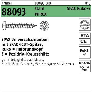 Universalschraube, 3 x 10 mm, 1000 Stück, Vollgewinde, Halbrundkopf, Kreuzschlitz Z1, S-Spitze, wirox - 0231010300105 - Spax