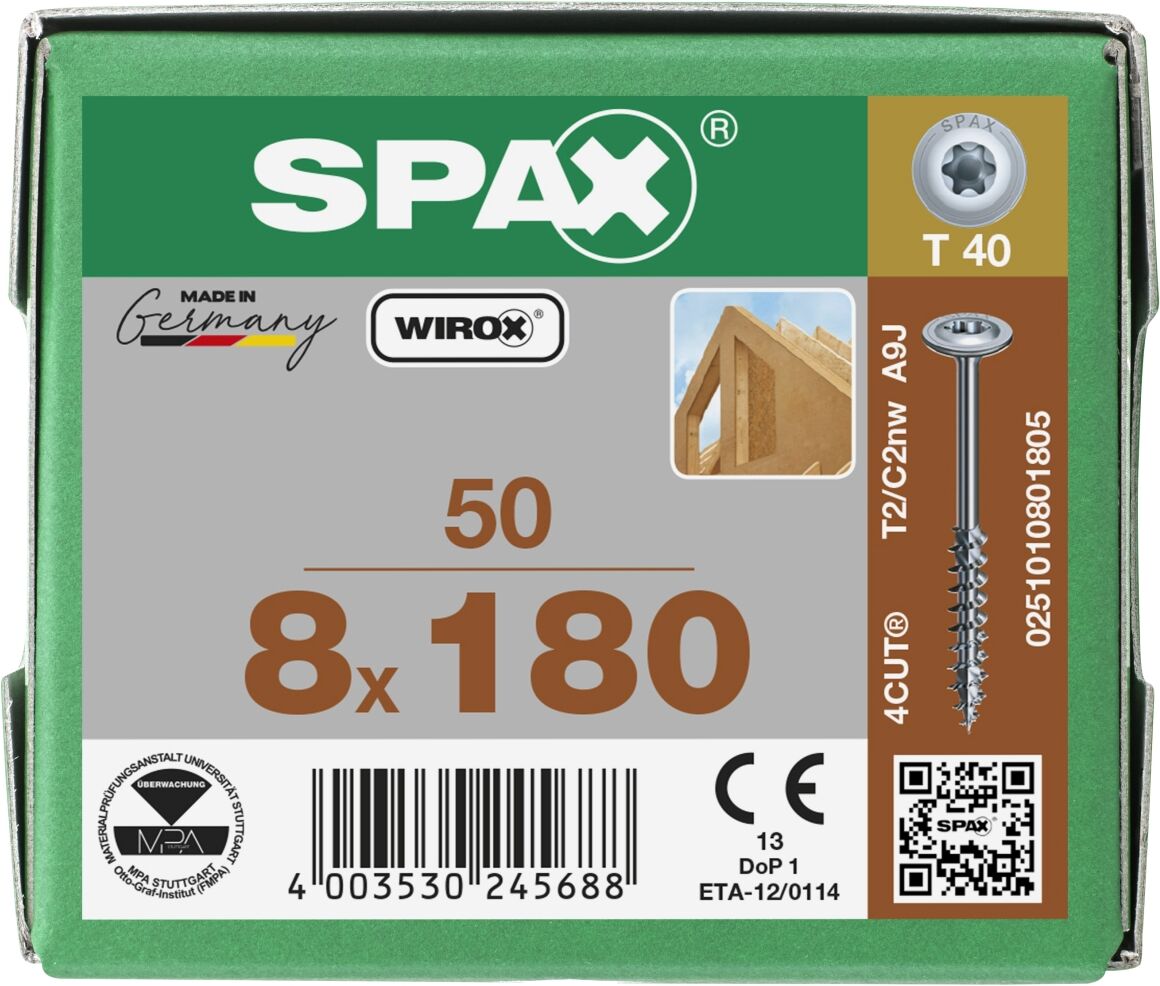 SPAX HI.FORCE, Holzbauschraube, Teilgewinde, Tellerkopf, T-STAR plus T40, 4CUT, WIROX, 8 x 180 mm, 50 Stück