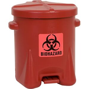 Justrite Recipiente de seguridad de PE para la eliminación de residuos biopeligrosos, adhesivo BIOHAZARD, capacidad 23 l, con pedal, rojo