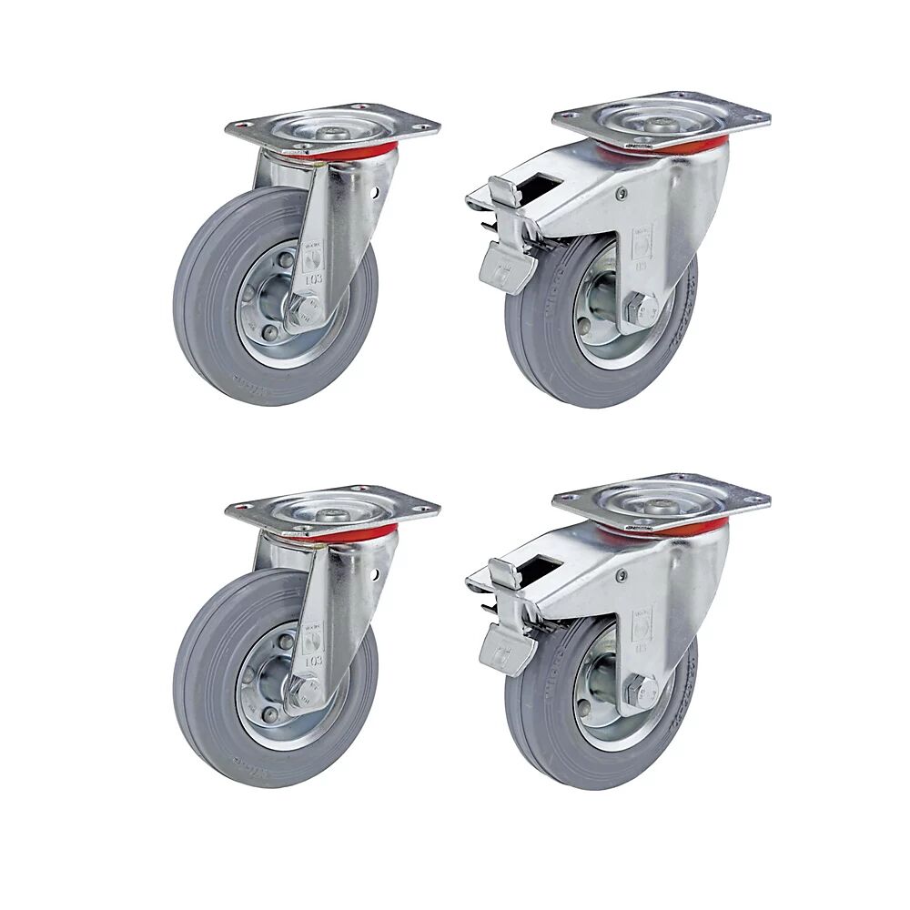 Wicke Cubierta de caucho macizo, juego en oferta, 2 ruedas de maniobra y 2 ruedas de maniobra con freno doble, Ø de rueda x anchura 80 x 25 mm