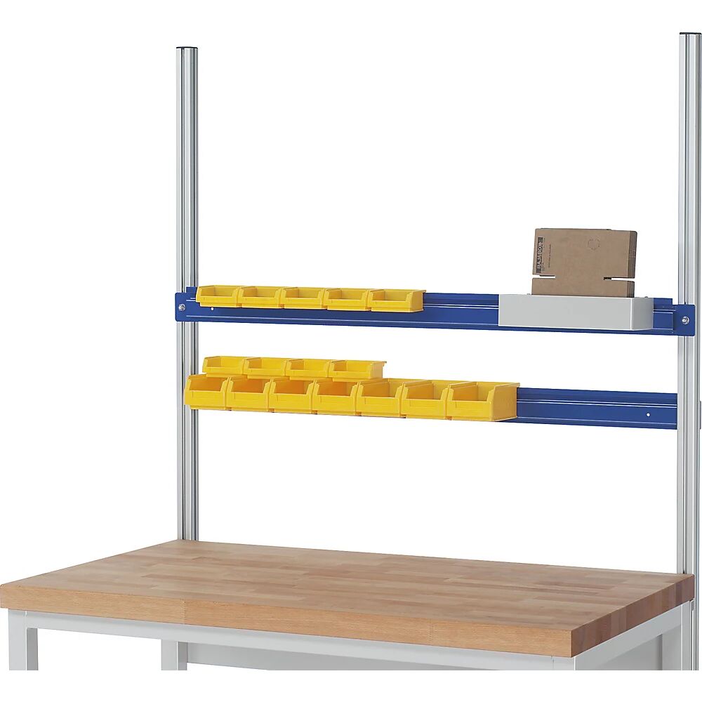 RAU Carril de sujeción para cajas, para módulos superiores modulares en mesas y bancos de trabajo , para anchura de módulo de 1500 mm