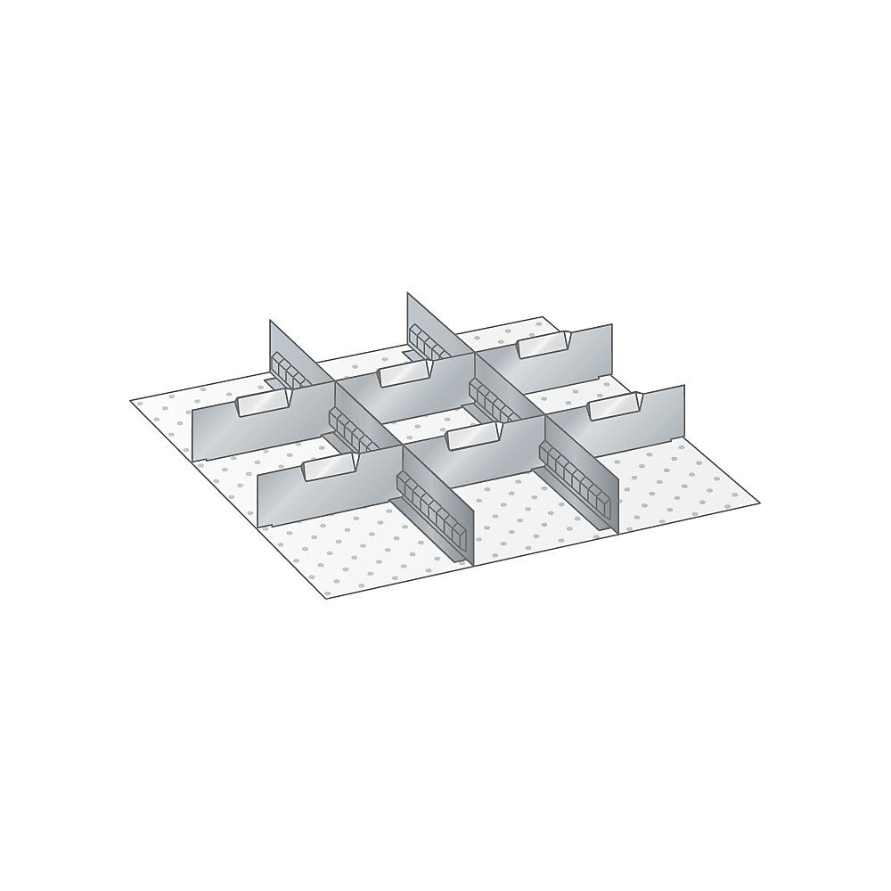 LISTA Juego de separadores para dimensiones de cajones de 459 x 459 mm, aluminio, 2 paredes ranuradas, 6 paredes separadoras, altura del frente 250 mm