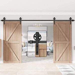 WINSOON 400cm Double porte quincaillerie pour les double portes coulissante de grange en bois antique roue de base à gros rayons noire Roller Kit Système de rail de support d'armoire de garage - Publicité