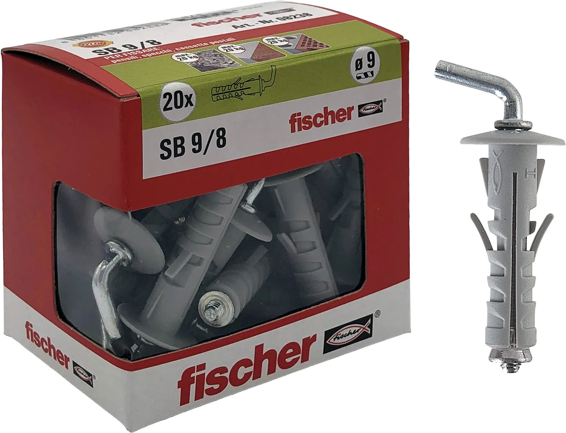 Fischer TASSELLI NYLON  SB 9/8 9x40 mm 20 PEZZI CON GANCIO CORTO