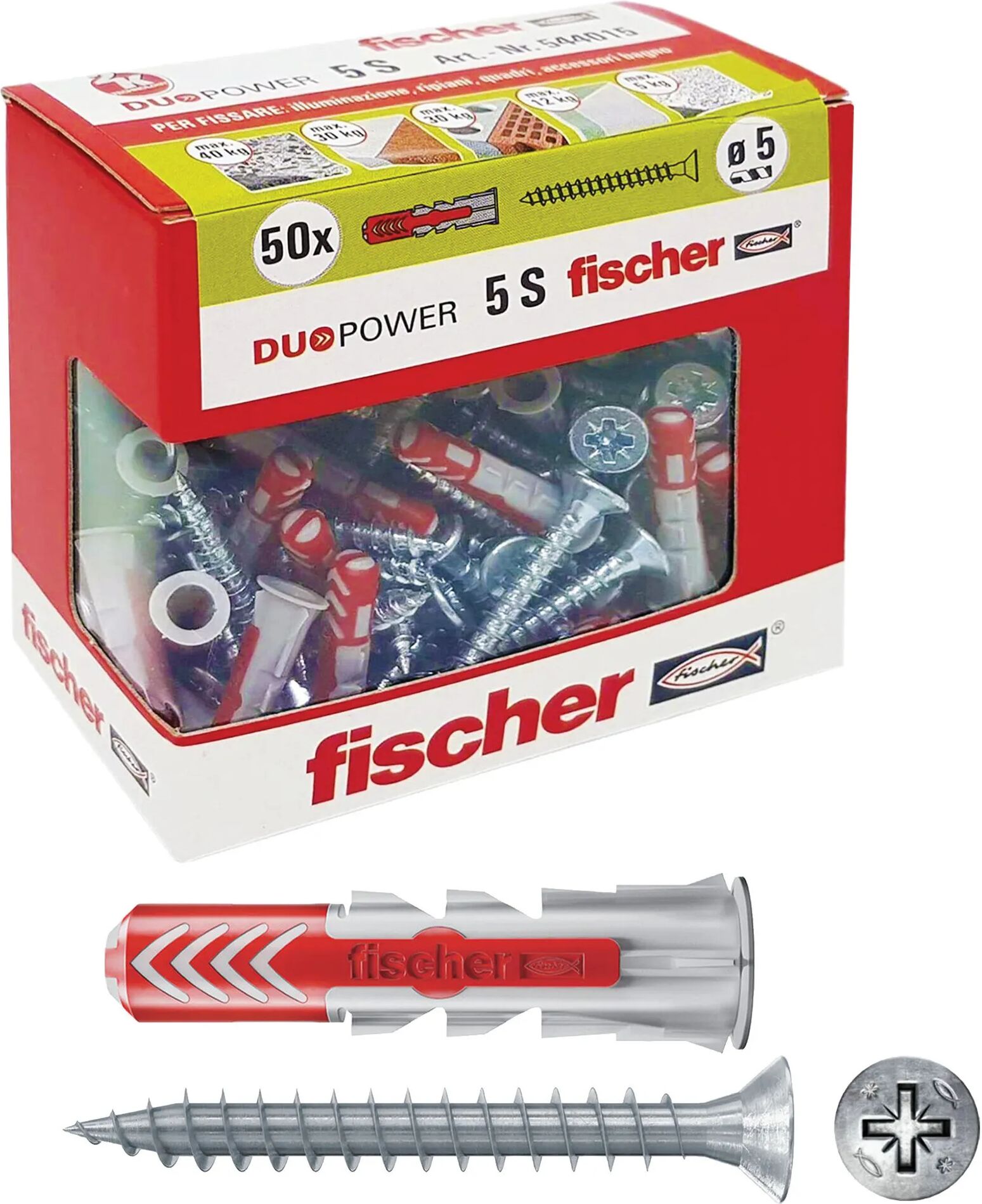 Fischer TASSELLI DUOPOWER BI-MATERIALE  5SY 5x25 mm 50 PEZZI CON VITE 4x30 mm