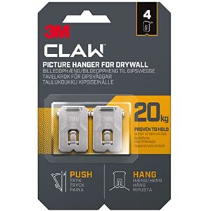 3M Claw Plasterboard Picture Hanging Wall Hooks For Hanging Home Décor, 4 Hangers, Holds up to 20 kg - Ideal for Heavyweight Items