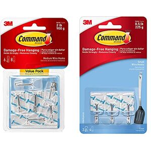 3M Command 17065CLR-VPES Clear Medium Wire Hooks, Value Pack of 6 Hooks and 8 Clear Adhesive Strips & 395B Mini Hooks, Pack of 6 Mini Hooks and 8 Small Adhesive Strips, Transparent