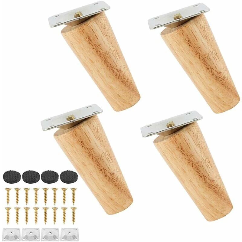 TINOR Set of 4 Solid Wood Furniture Leg, Replacement Sofa Legs with Non-Slip Mat, Mounting Plate and Screws for Bed, Wardrobe, Drawer (8cm, Angled Leg)