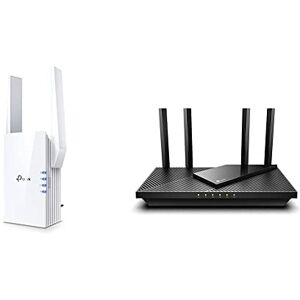 TP-Link RE605X Dualband Gigabit WLAN Repeater (1200Mbit s auf 5Ghz und 574Mbit s auf 2.4GHz) weiß WiFi 6 AX1800 Mesh & Archer AX55 Wi-Fi 6 WLAN Router (2402 Mbit/s 5 GHz, 574 Mbit/s 2,4 GHz), schwarz