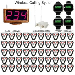 JINGLE BELLS 433MHz 50 Call Button+4 Watch+1 LED Screen Receiver+1 Signal Repeater Amplifier Wireless Paging Calling System