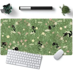 Grøn Skrivebordsmåtte XL Kat Cute Plant Cool Skrivebordsmåtte Tastaturmåtte Kawaii Black Cat Flower Musemåtte Grøn skrivebordsmåtte Skrivebordsindretning med sømme 31,5x15,7 tommer