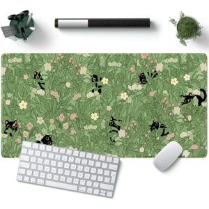 Heyone Grøn Skrivebordsmåtte XL Kat Sød Plant Cool Skrivebordsmåtte Tastaturmåtte Kawaii Black Cat Flower Musemåtte Grøn skrivebordsmåtte Skrivebordsdekor med syet 31,5x15,7in