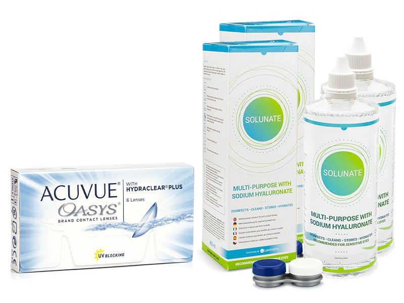 Acuvue contact lenses Acuvue Oasys (6 lenses) + 2 x Solunate Multi-Purpose 400 ml with case