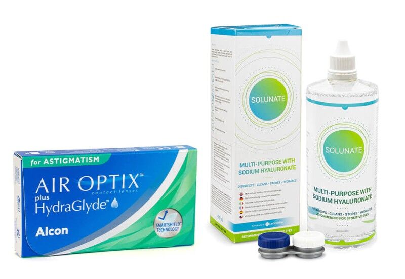 Air Optix contact lenses Air Optix Plus Hydraglyde for Astigmatism (3 lenses) + Solunate Multi-Purpose 400 ml with case